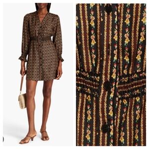 Sandro Karma Printed Mini Floral Button Down Long Sleeve Silk Dress